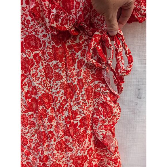 Topshop Womens Wrap Mini Dress 8 ruffle Red Floral Flutter Sleeve Feminine Boho - Picture 3 of 9